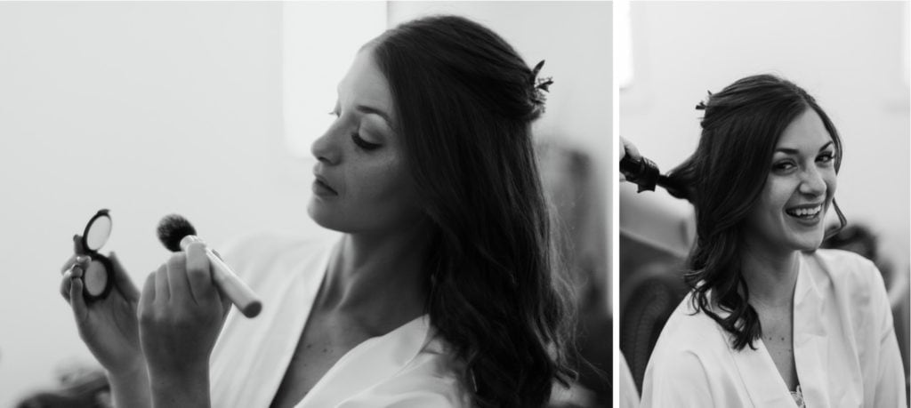 Black and white photos of a bride getting ready for her wedding ceremony at the Wilds Venue in Bloomington, Indiana in the bridal suite.