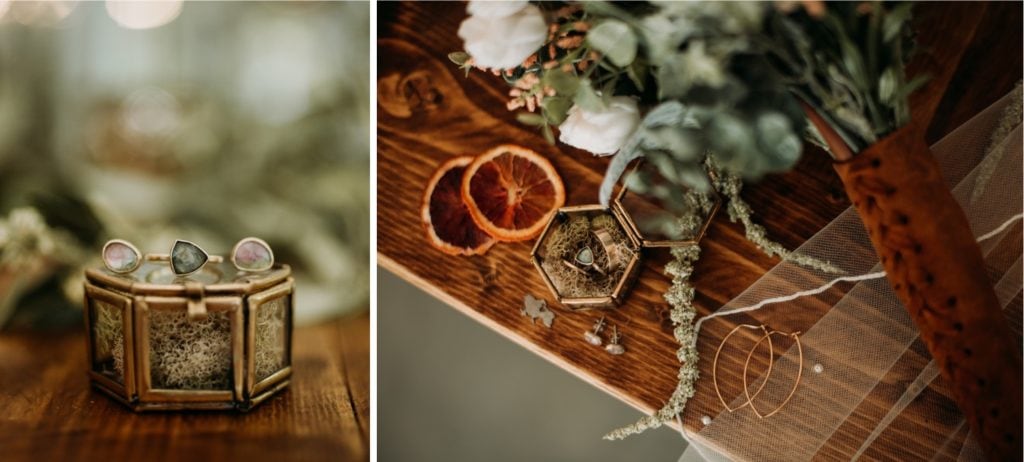 Side by side detail shots of a handmade bridal bouquet with wedding rings, earrings and a gold ring box sitting on a table at the Wilds Venue in Bloomington, Indiana.