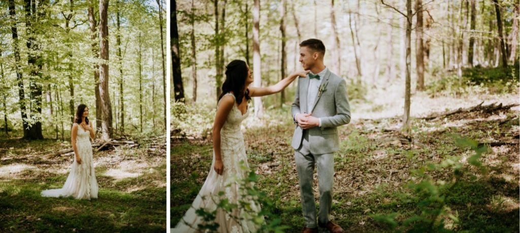 The sweetest first look in the forest before a wedding ceremony at the Wilds Venue in Bloomington, Indiana.