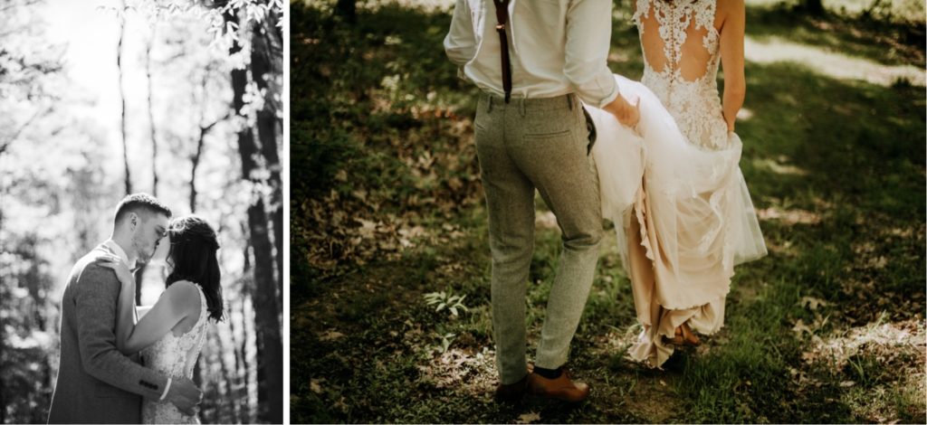 The sweetest first look in the forest before a wedding ceremony at the Wilds Venue in Bloomington, Indiana. The groom is helping his bride carry her dress on their way back to the venue.