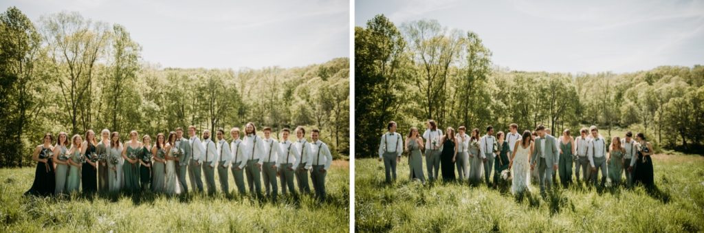 Bridal party walking through a field at the Wilds Venue