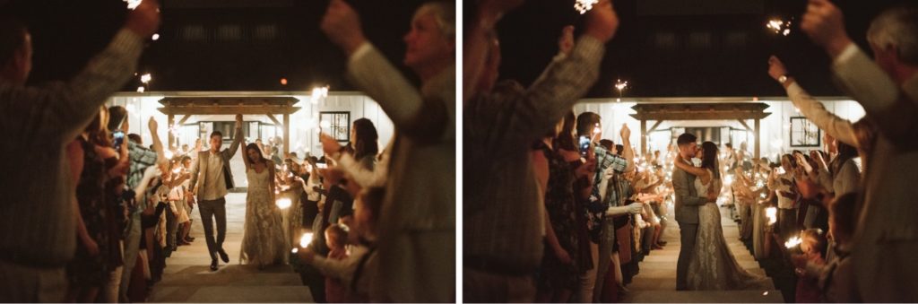 Warm colored sparkler exit after an emotional and beautiful intimate wedding ceremony in Bloomington.