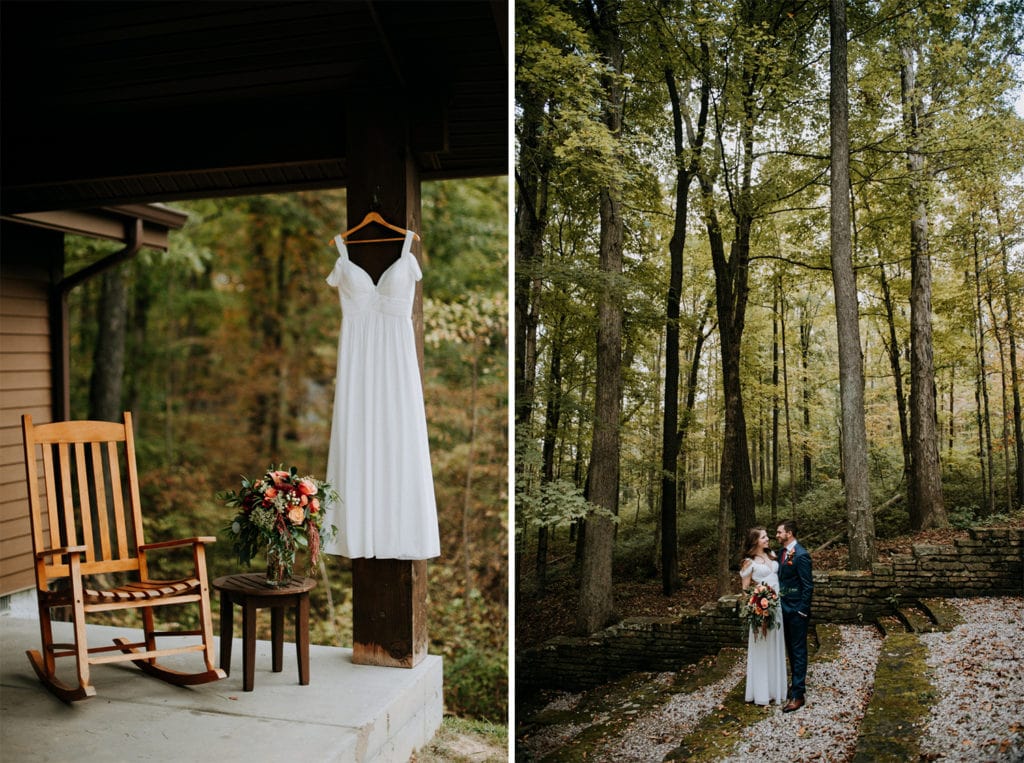Side by side images of a wedding dress hanging on a cabin and the bouquet where the girls were getting ready in the morning. New bride and groom are hugging and looking at each other in the forest during fall in Brown County State Park in Indiana.
