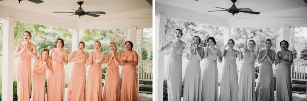 Bridesmaids reactions to seeing the bride for the first time before the wedding ceremony.