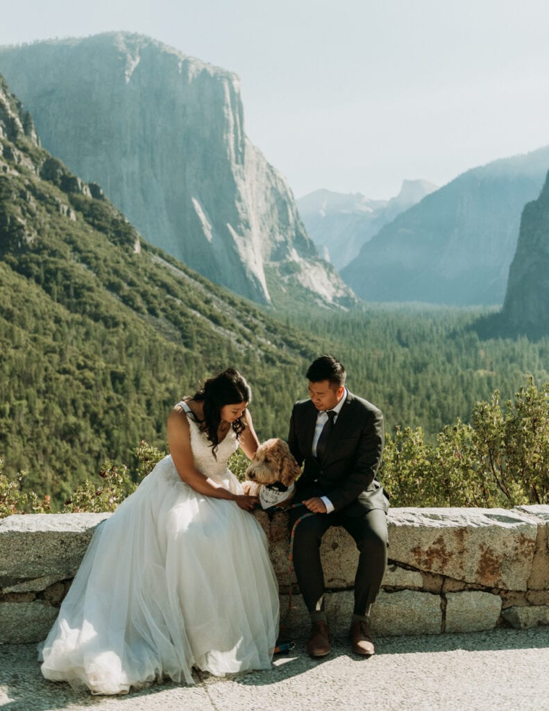 A couple looks lovingly at their dog in front of Tunnel View during their Yosemite National Park elopement