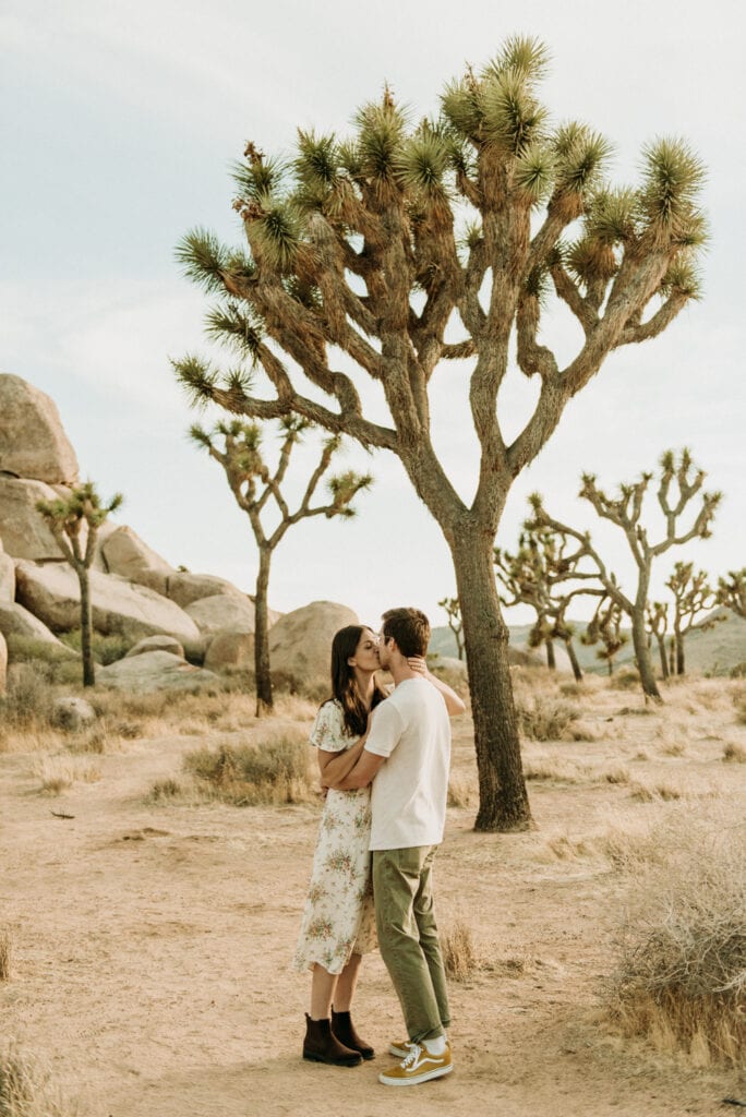 A couple kissing for their anniversary session in Joshua Tree california. Joshua tree national park engagement photos in the desert