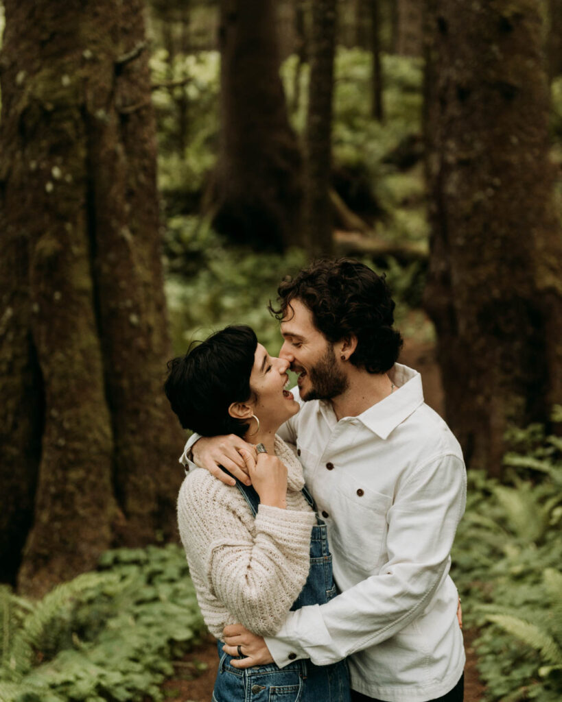 Adventurous couples session in an Oregon forest at ecola state park