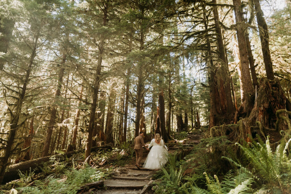 A couple on their elopement day walks through the Hoh Rainforest in Olympic National Park in Washington, one of the best places to elope on the west coast