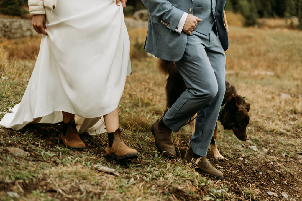 Hiking in Blundstones during a fall elopement in the San Juan Mountains