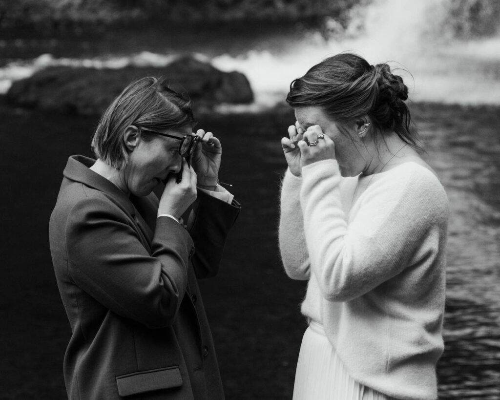 Couple crying during Emotional Iceland Elopement in a Hidden Canyon 